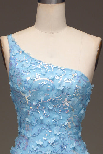 Hellblaues Meerjungfrauen Kleid mit Pailletten schlitz und Pailletten an der Schulterseite mit Applikationen