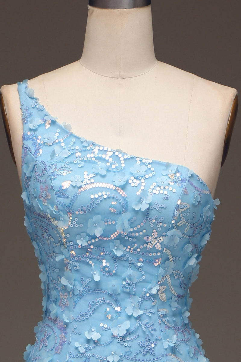 Laden Sie das Bild in den Galerie-Viewer, Hellblaues Meerjungfrauen Kleid mit Pailletten schlitz und Pailletten an der Schulterseite mit Applikationen