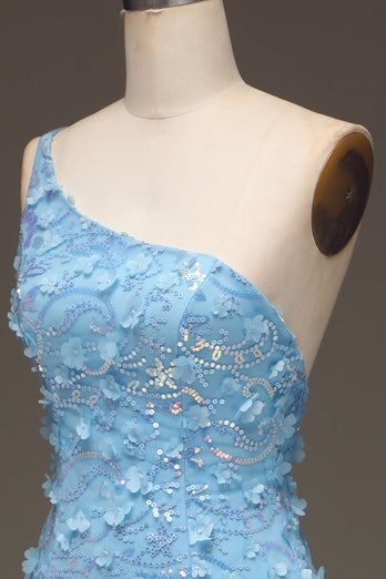 Hellblaues Meerjungfrauen Kleid mit Pailletten schlitz und Pailletten an der Schulterseite mit Applikationen
