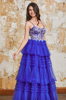 Laden Sie das Bild in den Galerie-Viewer, Wunderschönes Spaghettiträger Kleid in Königsblau mit Rüschen und applikationen