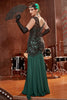 Laden Sie das Bild in den Galerie-Viewer, Dunkelgrünes langes Pailletten Flapperkleid aus den 1920er Jahren