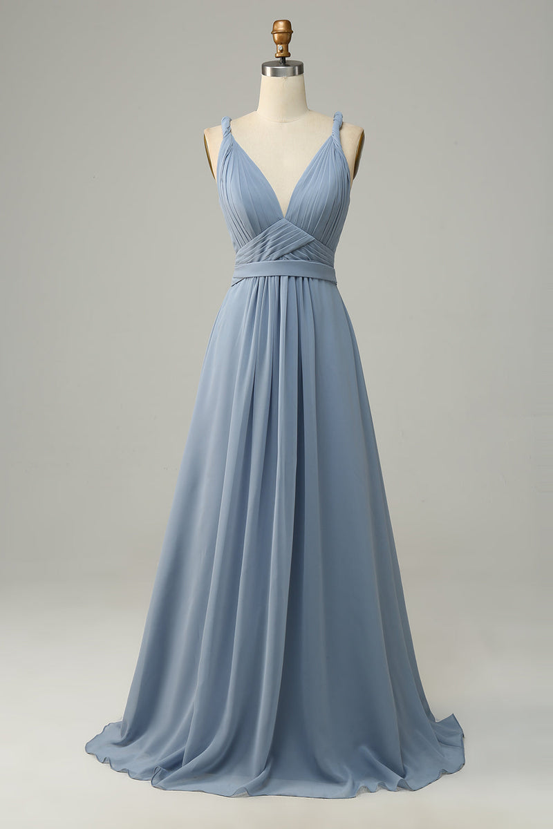 Laden Sie das Bild in den Galerie-Viewer, Staubiges blaues A-Linie Brautjungfernkleid mit tiefem V-Ausschnitt