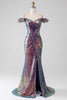 Laden Sie das Bild in den Galerie-Viewer, Glitzernde Meerjungfrau schulterfreies lila Ballkleid mit Schlitz