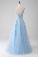 Laden Sie das Bild in den Galerie-Viewer, A-Linie Hellblaues Korsett Ballkleid mit Applikationen