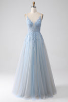 Laden Sie das Bild in den Galerie-Viewer, A-Linie Spaghettiträger Graublaues Ballkleid mit Perlen