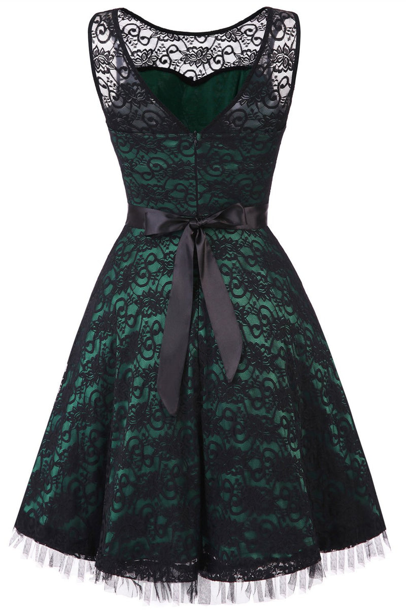 Laden Sie das Bild in den Galerie-Viewer, Vintage elegante dunkelgrüne Spitzenkleid