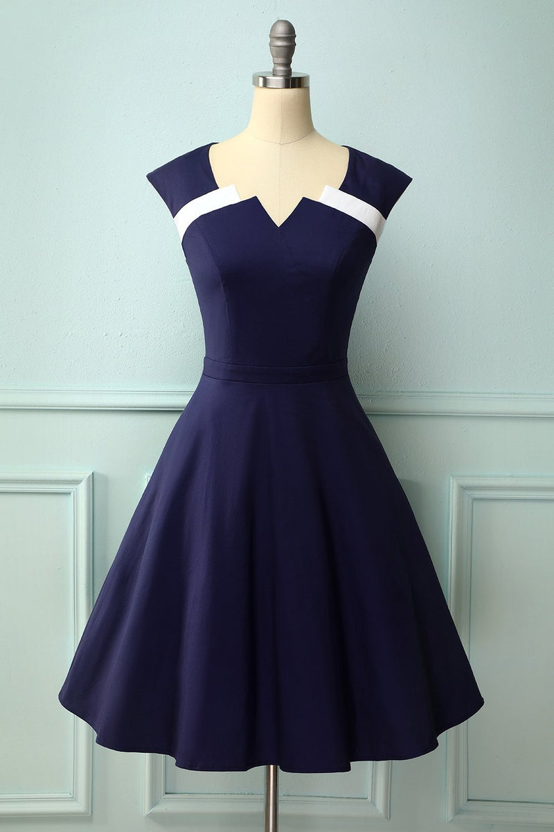 Laden Sie das Bild in den Galerie-Viewer, Marine Asymmetrisches Hals 50er Kleid