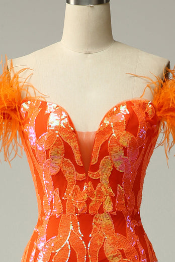 Orange Pailletten Schulterfreies Meerjungfrau Ballkleid mit Federn