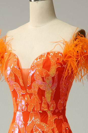 Orange Pailletten Schulterfreies Meerjungfrau Ballkleid mit Federn