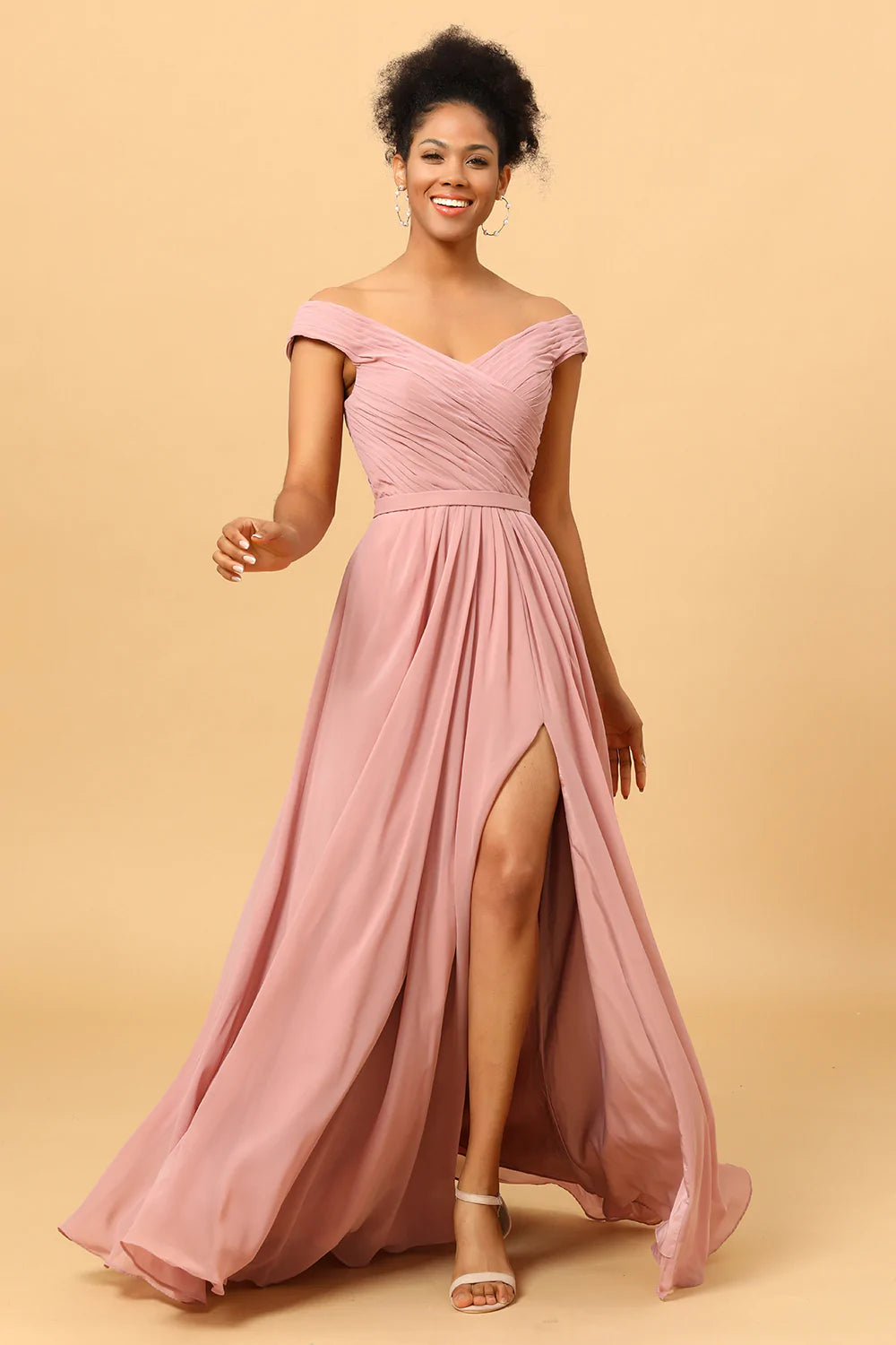 Rüschen Chiffon Rosa Brautjungfernkleid mit Schlitz