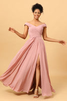 Laden Sie das Bild in den Galerie-Viewer, Rüschen Chiffon Rosa Brautjungfernkleid mit Schlitz