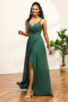Laden Sie das Bild in den Galerie-Viewer, Dunkelgrüne Spaghettiträger Brautjungfernkleid mit Spitze