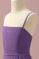 Laden Sie das Bild in den Galerie-Viewer, Lila Chiffon Spaghetti Träger Junior Brautjungfernkleid mit Rüschen