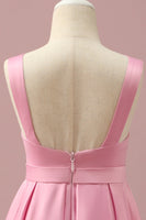 Laden Sie das Bild in den Galerie-Viewer, Rosa Satin Hoch niedrig Junior Brautjungfernkleid