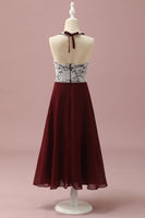 Laden Sie das Bild in den Galerie-Viewer, Burgunderrote Spitze und Chiffon Neckholder Junior Brautjungfernkleid