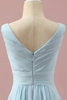 Laden Sie das Bild in den Galerie-Viewer, Hellblauer V-Ausschnitt Chiffon Junior Brautjungfernkleid