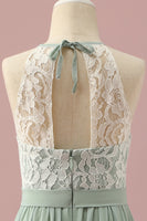 Laden Sie das Bild in den Galerie-Viewer, Grünes Spitze und Chiffon Neckholder Junior Brautjungfernkleid