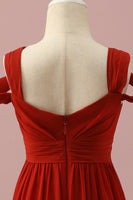 Laden Sie das Bild in den Galerie-Viewer, Rotes Chiffon Kalte Schulter Junior Brautjungfernkleid