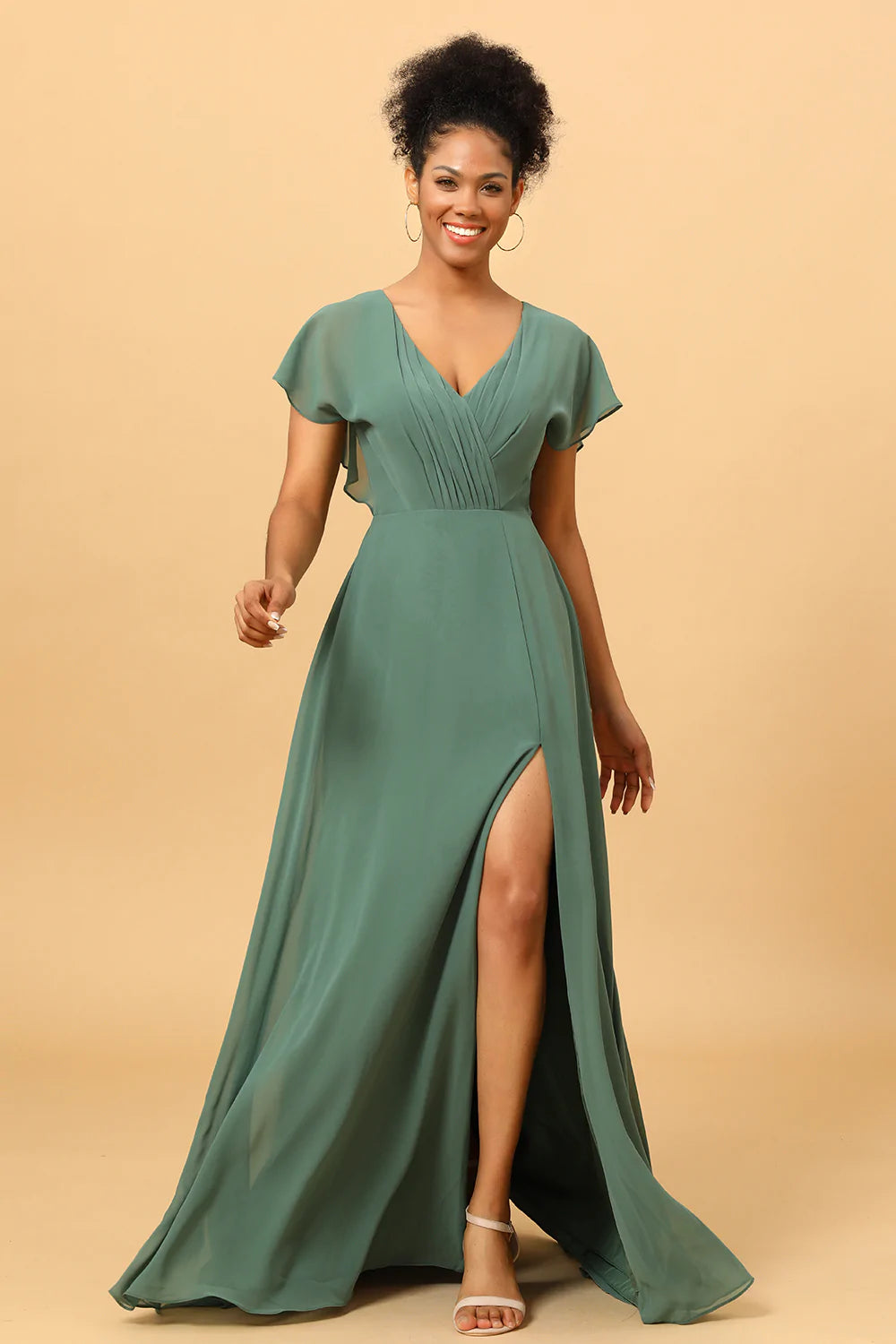 Chiffon A-Linie Grünes Brautjungfernkleid mit Schlitz