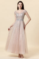 Laden Sie das Bild in den Galerie-Viewer, Glitzerndes Blush Perlen A-Linie Formales Kleid