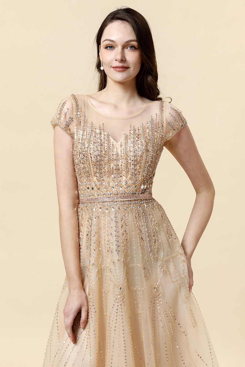 Laden Sie das Bild in den Galerie-Viewer, A-Linie mit Rundhals Gold bodenlanges formelles Kleid