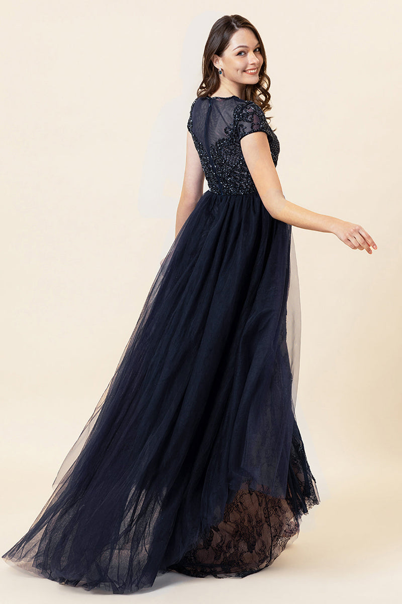 Laden Sie das Bild in den Galerie-Viewer, Glitzerndes marineblaues langes formelles Kleid
