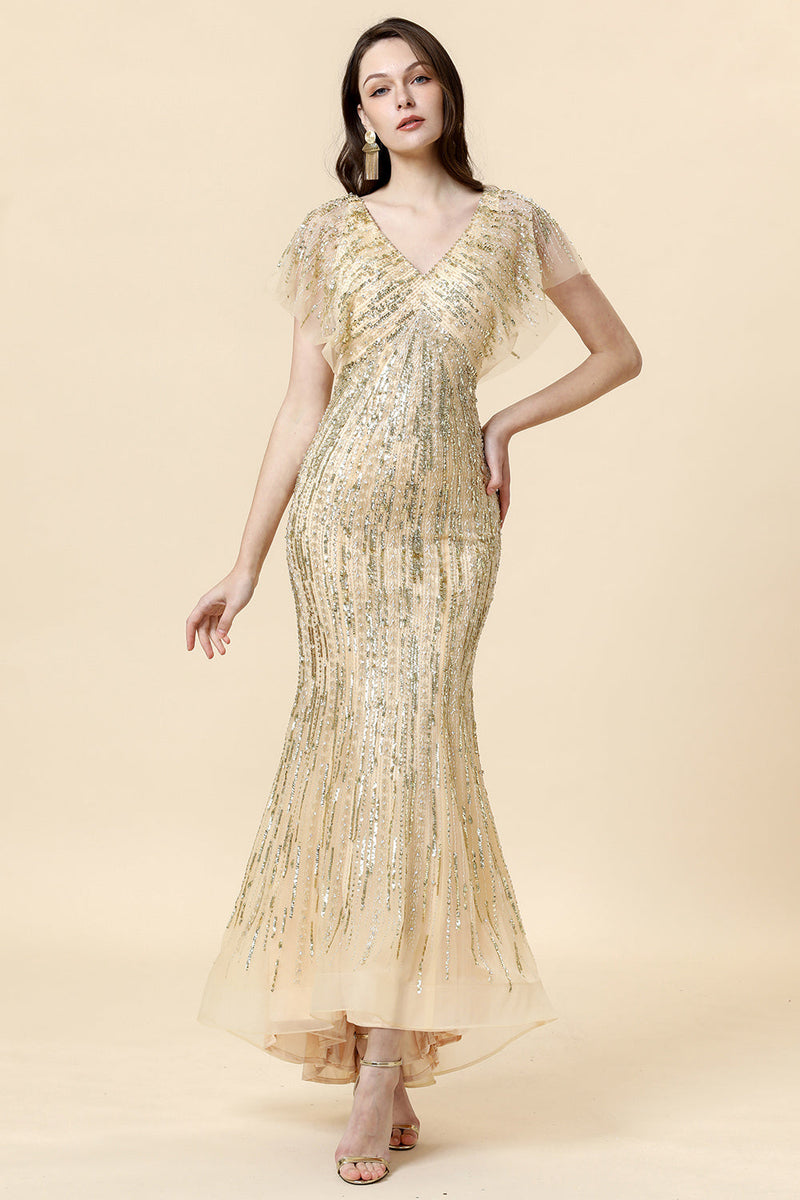 Laden Sie das Bild in den Galerie-Viewer, Meerjungfrau V Ausschnitt Golden Perlen langes formelles Kleid