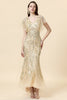 Laden Sie das Bild in den Galerie-Viewer, Meerjungfrau V Ausschnitt Golden Perlen langes formelles Kleid