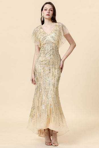 Meerjungfrau V Ausschnitt Golden Perlen langes formelles Kleid