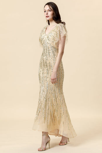 Meerjungfrau V Ausschnitt Golden Perlen langes formelles Kleid