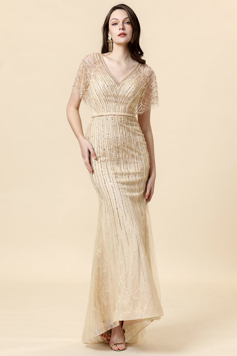 Laden Sie das Bild in den Galerie-Viewer, Meerjungfrau V Ausschnitt Golden Perlen langes Formal Kleid