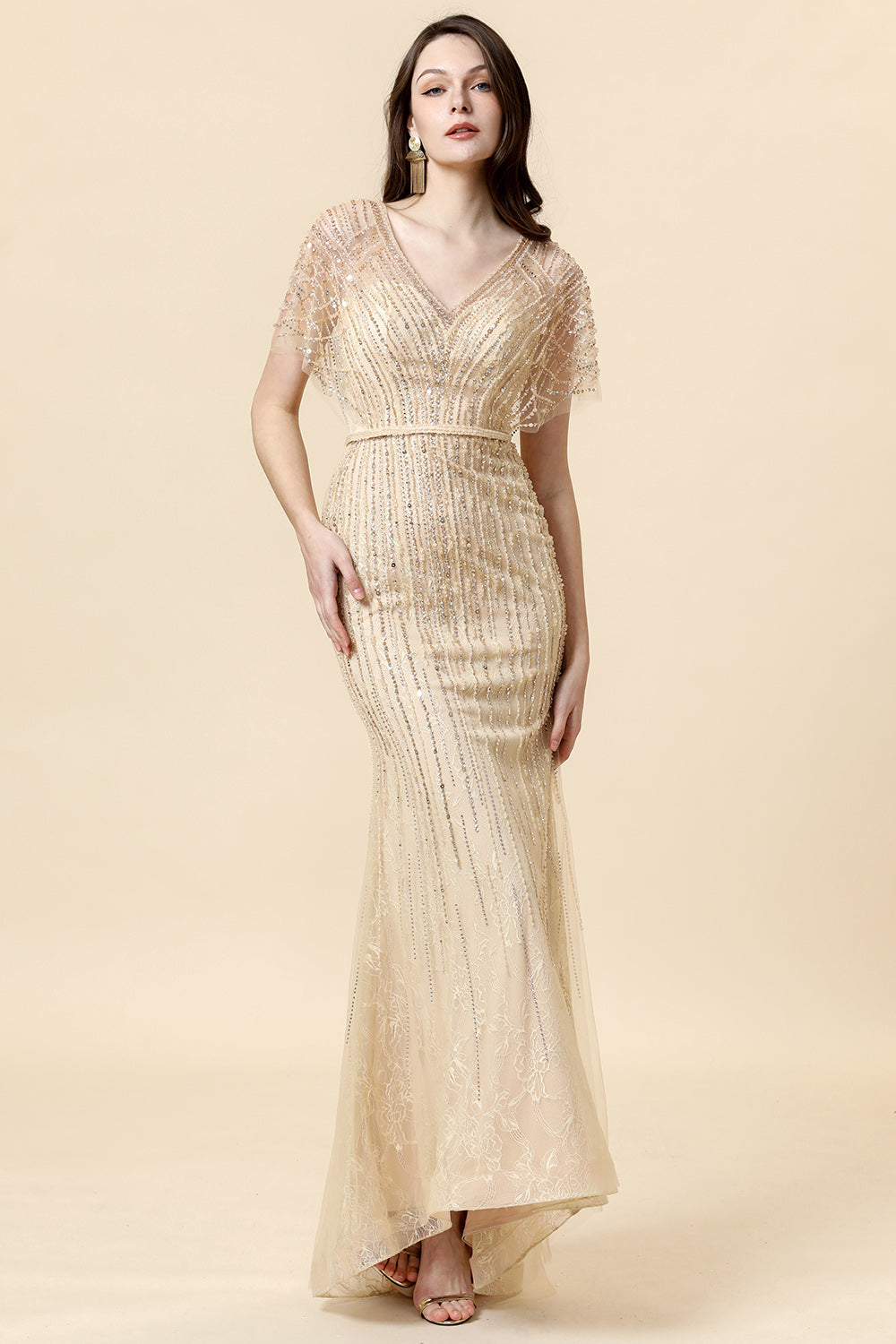 Meerjungfrau V Ausschnitt Golden Perlen langes Formal Kleid