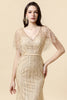 Laden Sie das Bild in den Galerie-Viewer, Meerjungfrau V Ausschnitt Golden Perlen langes Formal Kleid