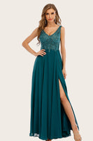 Laden Sie das Bild in den Galerie-Viewer, Blau Chiffon Langes Ballkleid mit Strass