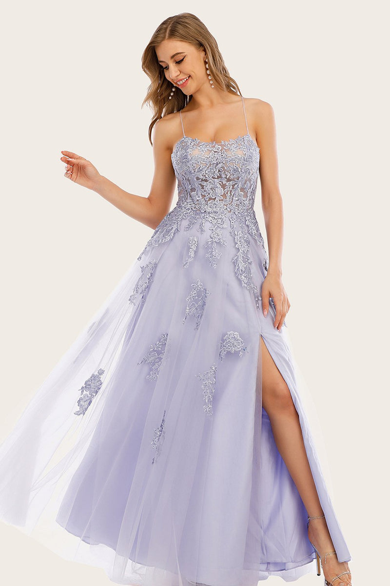 Laden Sie das Bild in den Galerie-Viewer, Lavendel Tüll lange Prom Kleid mit Spitze