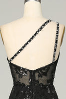 Laden Sie das Bild in den Galerie-Viewer, Eine Schulter Rückenfreies Schwarzes Spitze Langes Ballkleid