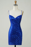 Laden Sie das Bild in den Galerie-Viewer, Glitzerndes figurbetontes Spaghettiträger Königsblaues Pailletten kurzes Cocktailkleid