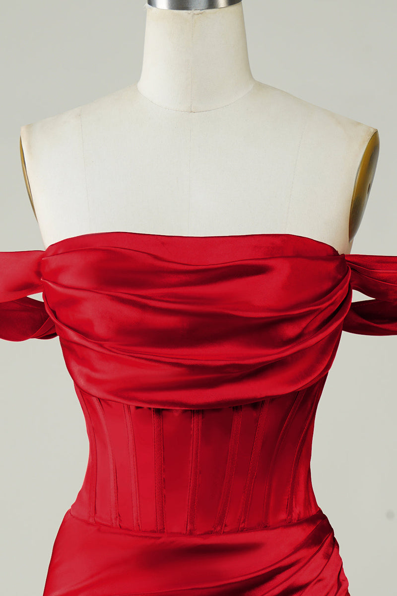 Laden Sie das Bild in den Galerie-Viewer, Rotes schulterfreies asymmetrisches enges kurzes Abiballkleid