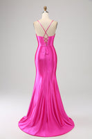 Laden Sie das Bild in den Galerie-Viewer, Meerjungfrauen Spaghettiträger  Fuchsia Korsett Ballkleid mit Schlitz