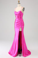 Laden Sie das Bild in den Galerie-Viewer, Meerjungfrauen Spaghettiträger  Fuchsia Korsett Ballkleid mit Schlitz