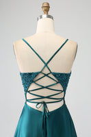 Laden Sie das Bild in den Galerie-Viewer, Pfauengrünes Spaghettiträger Kleid mit Spaghettiträgern und Schlitz