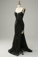 Laden Sie das Bild in den Galerie-Viewer, Meerjungfrau Spaghettiträger schwarze Pailletten langes Ballkleid mit Schlitz