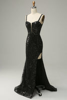 Laden Sie das Bild in den Galerie-Viewer, Meerjungfrau Spaghettiträger Königsblau Pailletten Langes Ballkleid mit Schlitz