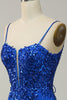 Laden Sie das Bild in den Galerie-Viewer, Meerjungfrau Spaghettiträger Königsblau Pailletten Langes Ballkleid mit Schlitz