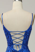 Laden Sie das Bild in den Galerie-Viewer, Meerjungfrau Spaghettiträger Königsblau Pailletten Langes Ballkleid mit Schlitz