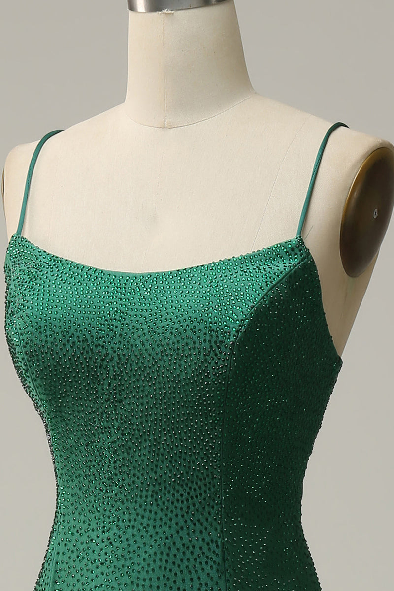 Laden Sie das Bild in den Galerie-Viewer, Meerjungfrau Spaghettiträger dunkelgrünes langes Ballkleid mit Perlstickerei
