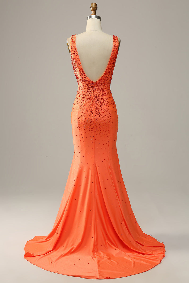 Laden Sie das Bild in den Galerie-Viewer, Meerjungfrau V-Ausschnitt Orange langes Ballkleid mit Perlstickerei