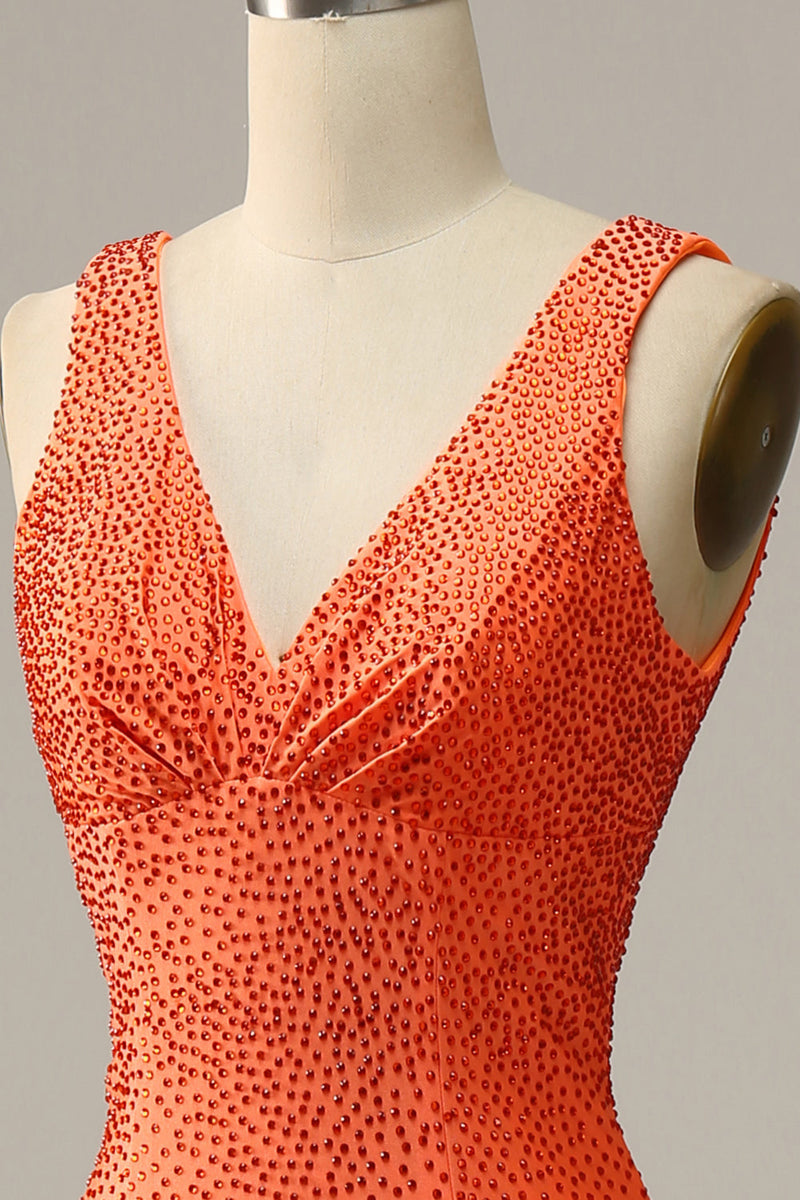 Laden Sie das Bild in den Galerie-Viewer, Meerjungfrau V-Ausschnitt Orange langes Ballkleid mit Perlstickerei
