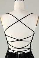 Laden Sie das Bild in den Galerie-Viewer, Schwarzes Spaghettiträger Pailletten Abiballkleid mit Schnürung