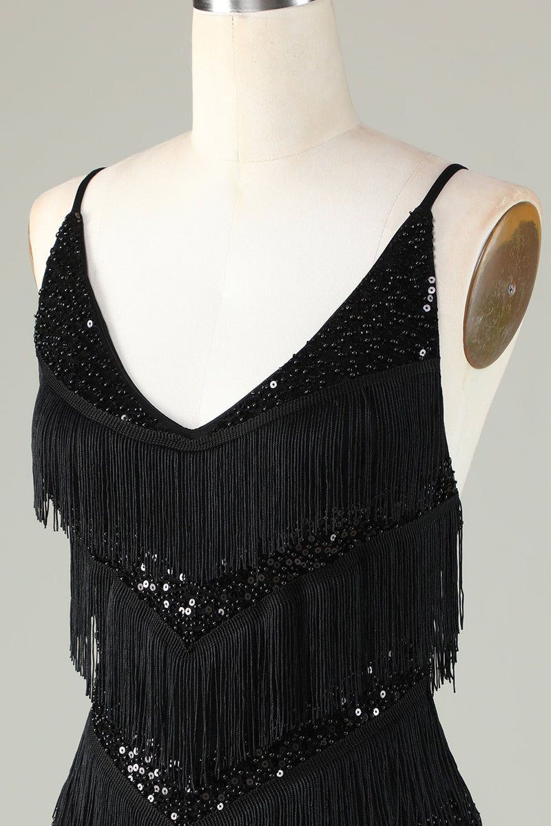 Laden Sie das Bild in den Galerie-Viewer, Glitzerndes schwarzes Pailletten Perlen Enges kurzes Abiballkleid mit Fransen